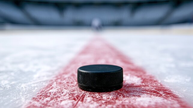 Hockey puck rests on red line of icy arena, stadium seats blurred in background