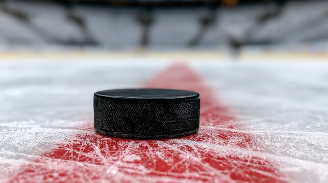 Close-up of a black hockey puck resting on a red line on ice