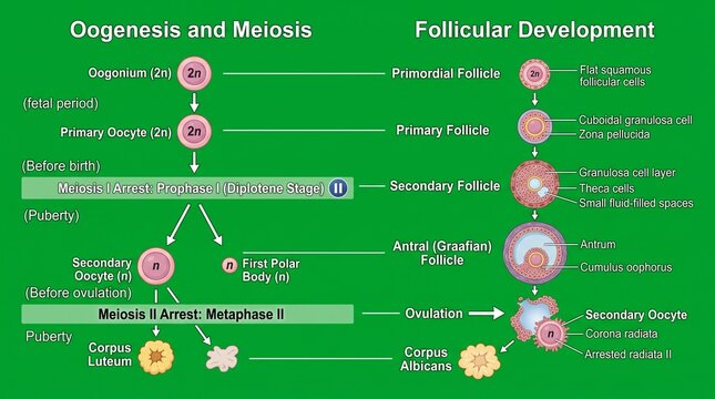 Diagram of Oogenesis and Follicle Development Stages in Flat Lay Illustration