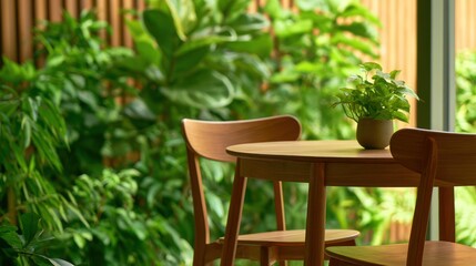 Fototapeta premium Wooden table with chairs amidst lush green plants in a serene indoor garden setting