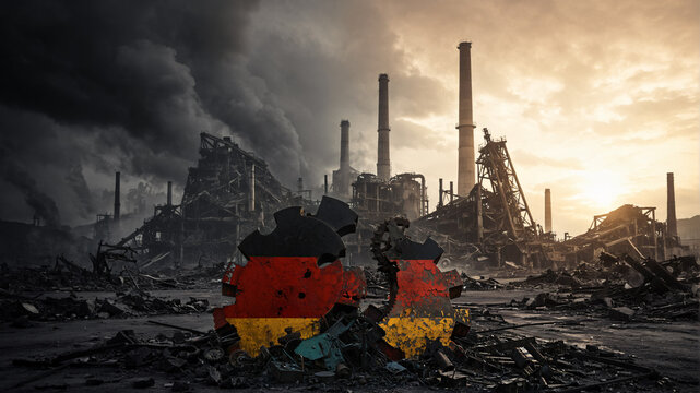 fractured rusty gears painted with the german flag resting on debris in a ruined industrial factory landscape