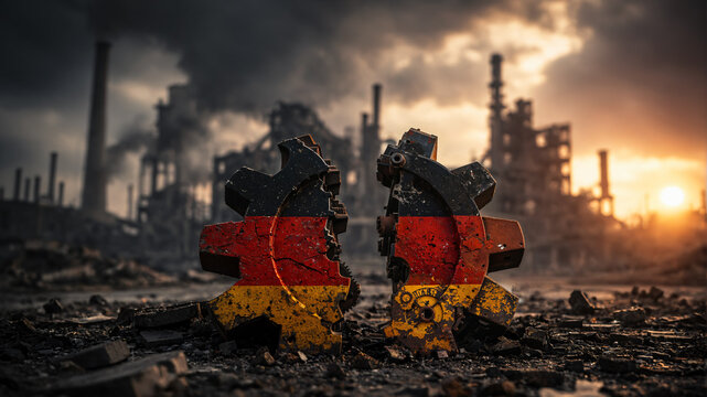 broken metallic gears painted with the german flag in a destroyed industrial factory landscape with smoke at sunset