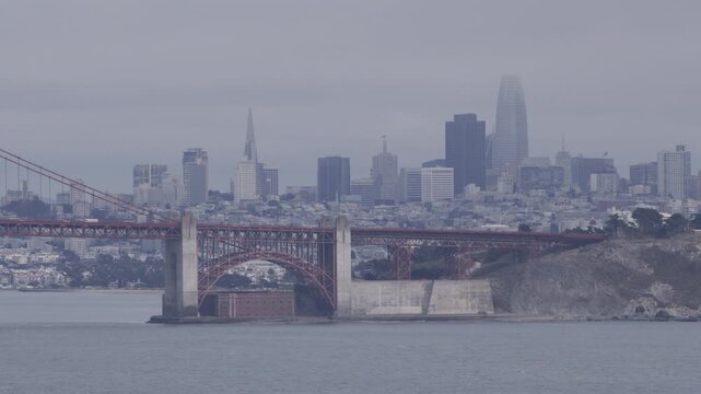 Golden Gate Bridge South Tower and Fort Point On Overcast Day In San Francisco