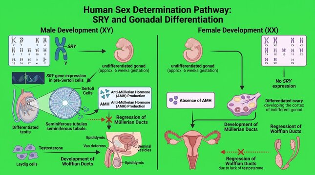 Human Sex Determination Pathway Infographic with SRY Gene and Gonadal Differentiation Diagram