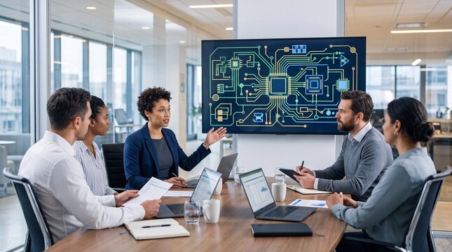 Diverse business team collaborating in a modern office, discussing technology and innovation. Professional meeting with a digital circuit board display