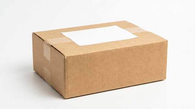 Closed cardboard box with a blank white shipping label on a clean white background