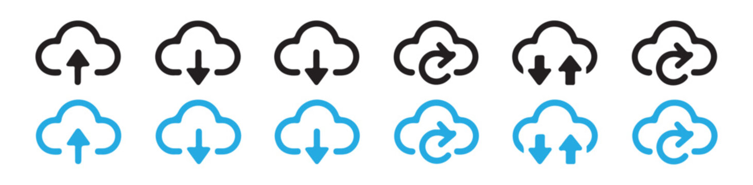 Cloud transfer outline icons in black and blue for upload download and synchronization status signs.