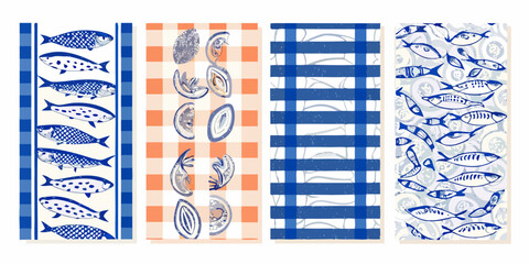 Sardine and shellfish vector illustrations with checkered and striped patterns © Raben