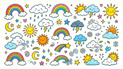 Fototapeta premium Hand Drawn Weather Icons Set Featuring Cute Rainbows Clouds and Sun Elements
