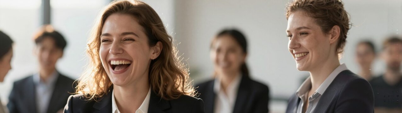 Captures Moment Of Joy Among Two Women In To Office Setting Daytime Main Subjects Smiling Broadly Eyes Crinkled With Laughter Delight