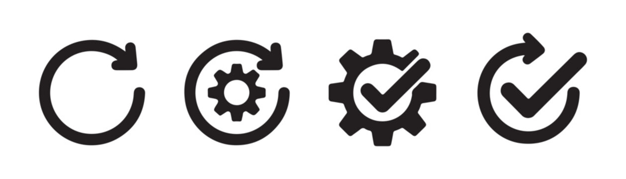 Optimization workflow symbols combining gears with checkmarks and arrows for successful system update.