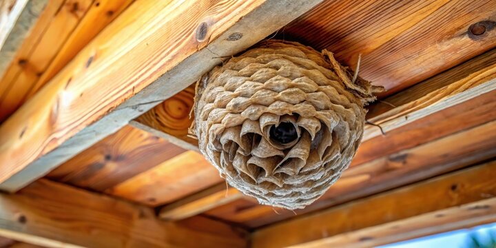 Close-up of a primary Vespa velutina nest installed in the beam of a house