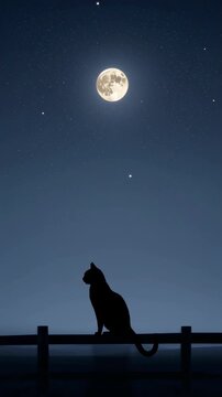 Silhouette of a Cat on a Wooden Railing Against a Bright Full Moon Night Sky