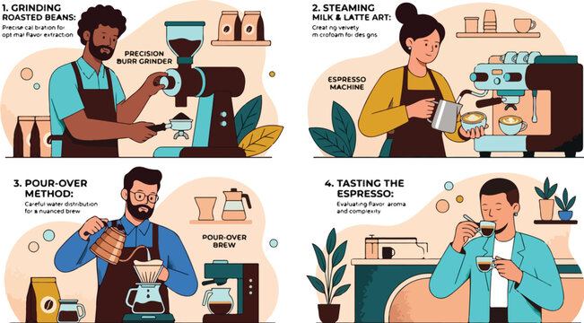 Professional barista coffee making process including grinding beans, steaming milk, pour over brewing, and final espresso tasting in cafe