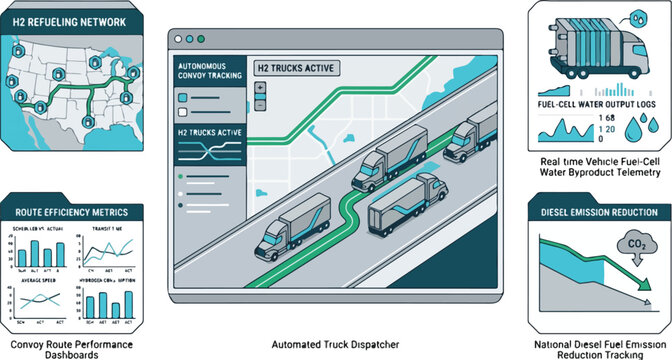 Smart logistics platform for autonomous hydrogen fuel cell trucks monitoring green energy transport networks and carbon footprint reduction metrics