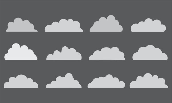 Gray cloud silhouettes arranged in a grid pattern on a dark background clouds cumulus nimbus shapes grey atmospheric weather meteorology sky skyscape graphic design flat