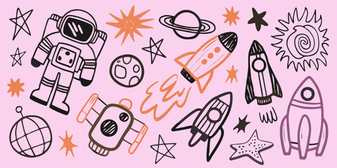 Space Exploration Doodles Hand drawn Vector Illustration On Pink Background © Rahul