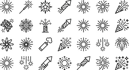 Assorted fireworks and sparklers icons displayed on a white background during a celebration concept © Angel