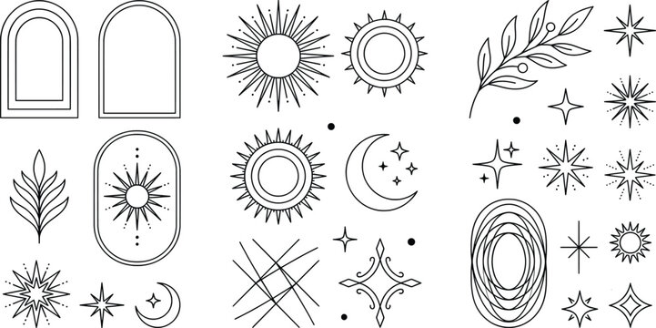 Bohemian celestial line art elements with sun moon stars abstract shapes for graphic design