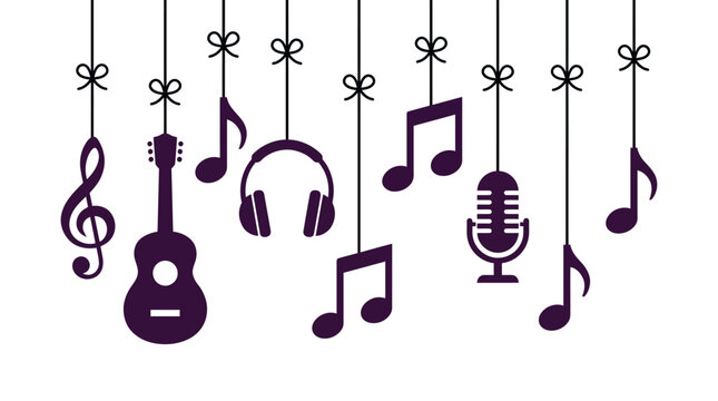 Musical instruments and audio equipment such as a guitar, headphones, and microphone hang from strings to represent creativity, sound production, and music education in a modern layout.