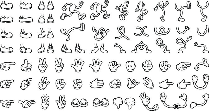 Vintage rubber hose cartoon character kit, retro 1930s animation style hands and legs, black and white comic mascot body parts vector set