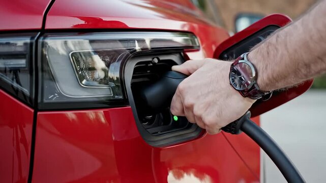 Charging Future: Hand plugging cable into red EV port, ideal for green energy themes.