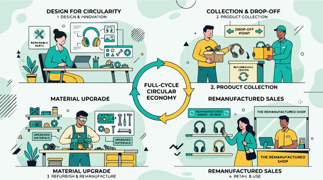 Conceptual illustration of a sustainable circular economy process focusing on eco-friendly product lifecycles and waste reduction