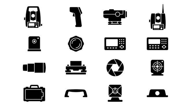 Optical Theodolites, Total Stations and Laser Distance Meters Icons, Showcasing precision optical surveying instruments, total stations, levels, and laser measurement tools.