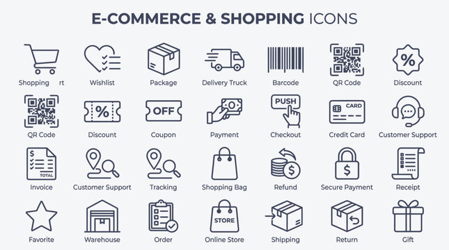E-commerce icons depict shopping carts, payments, and delivery trucks on a screen.