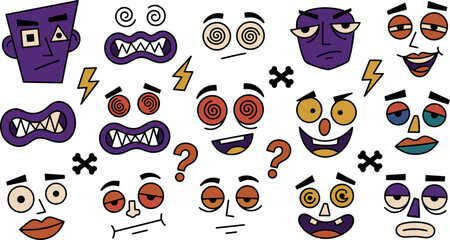 Obraz premium Retro Cartoon Facial Expressions and Abstract Comic Emotion Icon Set with Crazy Hypnotic Spiral Eyes Shocked Angry and Confused Doodle Characters Vector Illustrations
