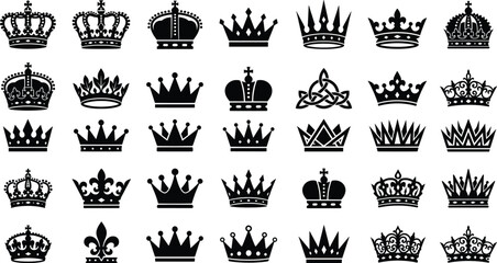 Royal crown silhouettes collection, 35 black heraldic tiara icons, vintage monarch headwear symbols, luxury imperial coronet vector set for branding © Angel
