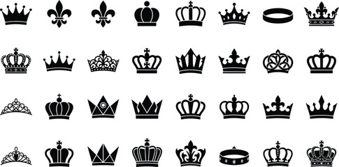 Royal crown silhouette icons set, 32 black heraldic king and queen tiara elements, luxury imperial headwear vector collection for branding and logos © Angel