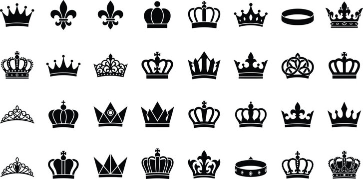 Royal crown silhouette icons set, 32 black heraldic king and queen tiara elements, luxury imperial headwear vector collection for branding and logos