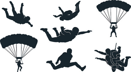 Skydiving and Parachuting Silhouette Collection Vector Featuring Skydivers Freefalling Tandem Jump and Parachutists Gliding Under Canopy Elements © MdAsad