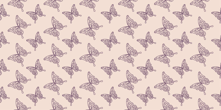 Purple Butterfly Seamless Pattern Minimal Line Art on Beige Background Elegant Repeat Design