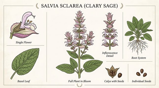 Salvia sclarea botanical illustration with parts labeled.