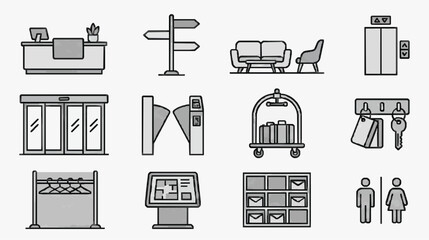 Dynamic Black and White Line Icons Set Featuring Hotel and Travel Essentials with Minimalist Design © Iqbal