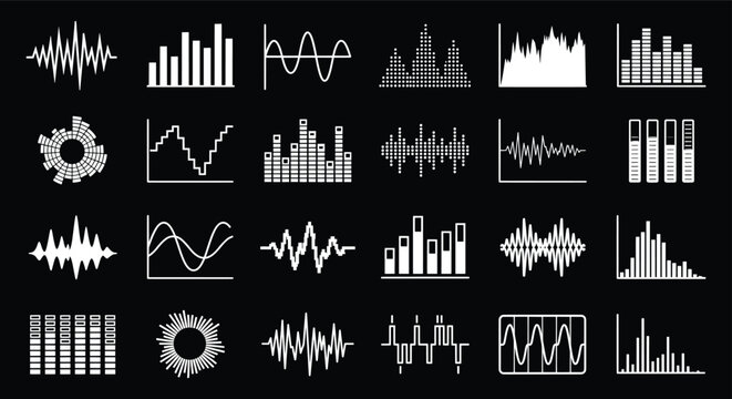 Minimalist sound wave icons set, white audio equalizer frequency bars on black background, 24 digital music signal wave vector elements