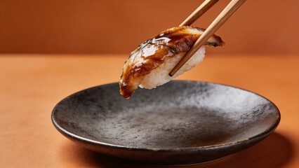 Fototapeta premium Grilled salmon fillet held with chopsticks above a ceramic plate with rising steam in a minimalist dining setting.