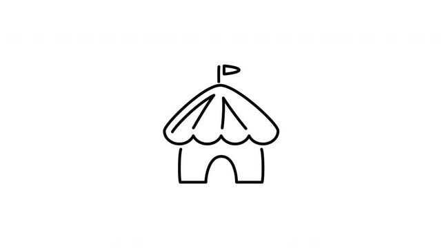 Minimalist outline animation of circus tent icon drawing on and fading out. Includes 3 color variations: black on white, white on black, and white on green screen.