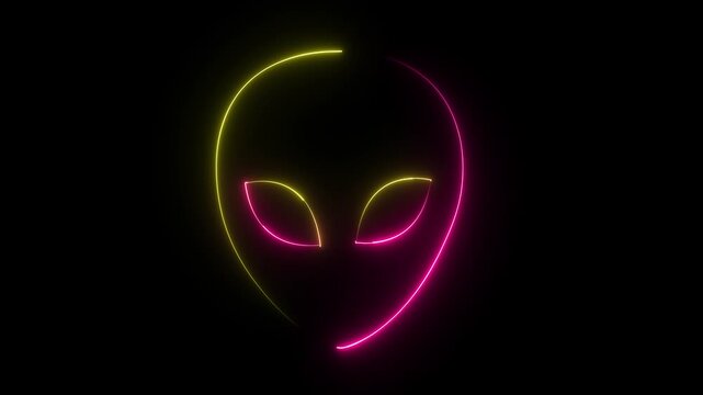 Glowing neon alien head outline animation on black background