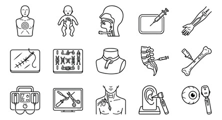 Fototapeta premium Medical training icons set with 15 thin line vector elements, clinical simulation and surgical procedure symbols, healthcare education graphics