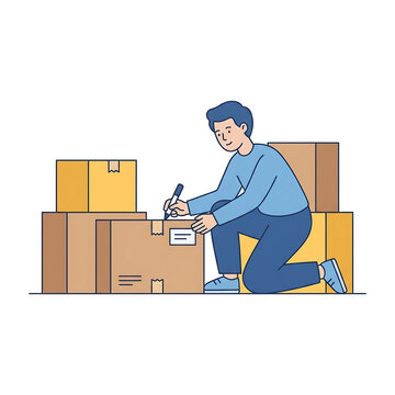 Man labeling boxes for shipping and delivery service.