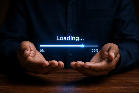 Hands holding a glowing loading bar with progress percentage on dark background
