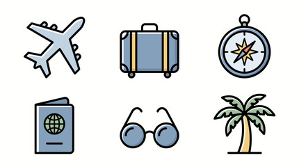Vacation icons collection showcases travel essentials including an airplane, suitcase, compass, passport, sunglasses, and a palm tree for summer holiday themes. © bolone