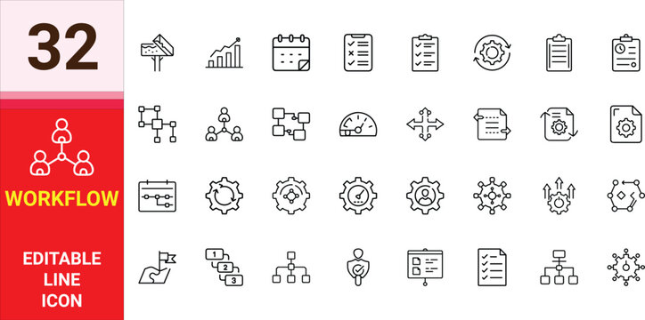 A collection of Workflow icons set with editable stroke, including development, task, collaborate, work, integration, progress, server, curocity, organization, steps. Thin linear vector illustration.