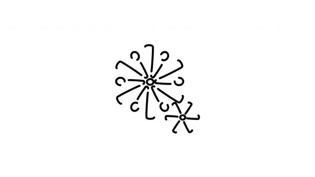 Minimalist outline animation of firework icon drawing on and fading out. Includes 3 color variations: black on white, white on black, and white on green screen.