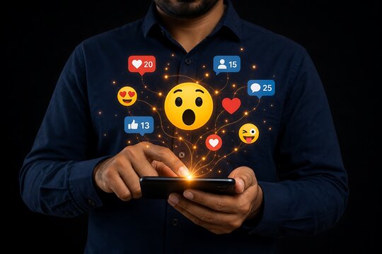 Man using smartphone with social media icons and emojis floating above