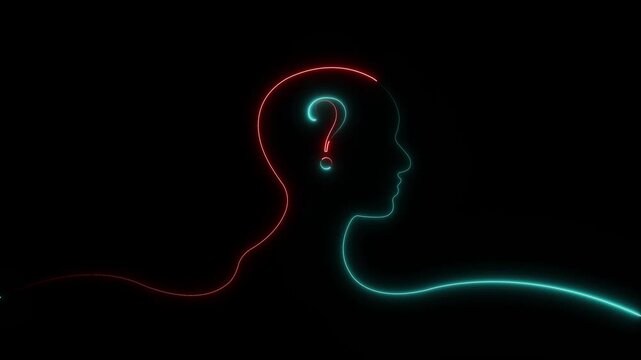 Neon Glowing Human Head Profile with Question Mark Animation Loop