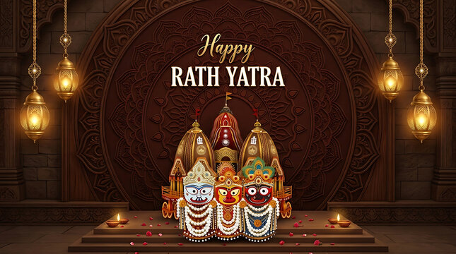 Happy Rath Yatra Festival Greeting Banner with Lord Jagannath, Balabhadra, and Subhadra Chariot Illustration